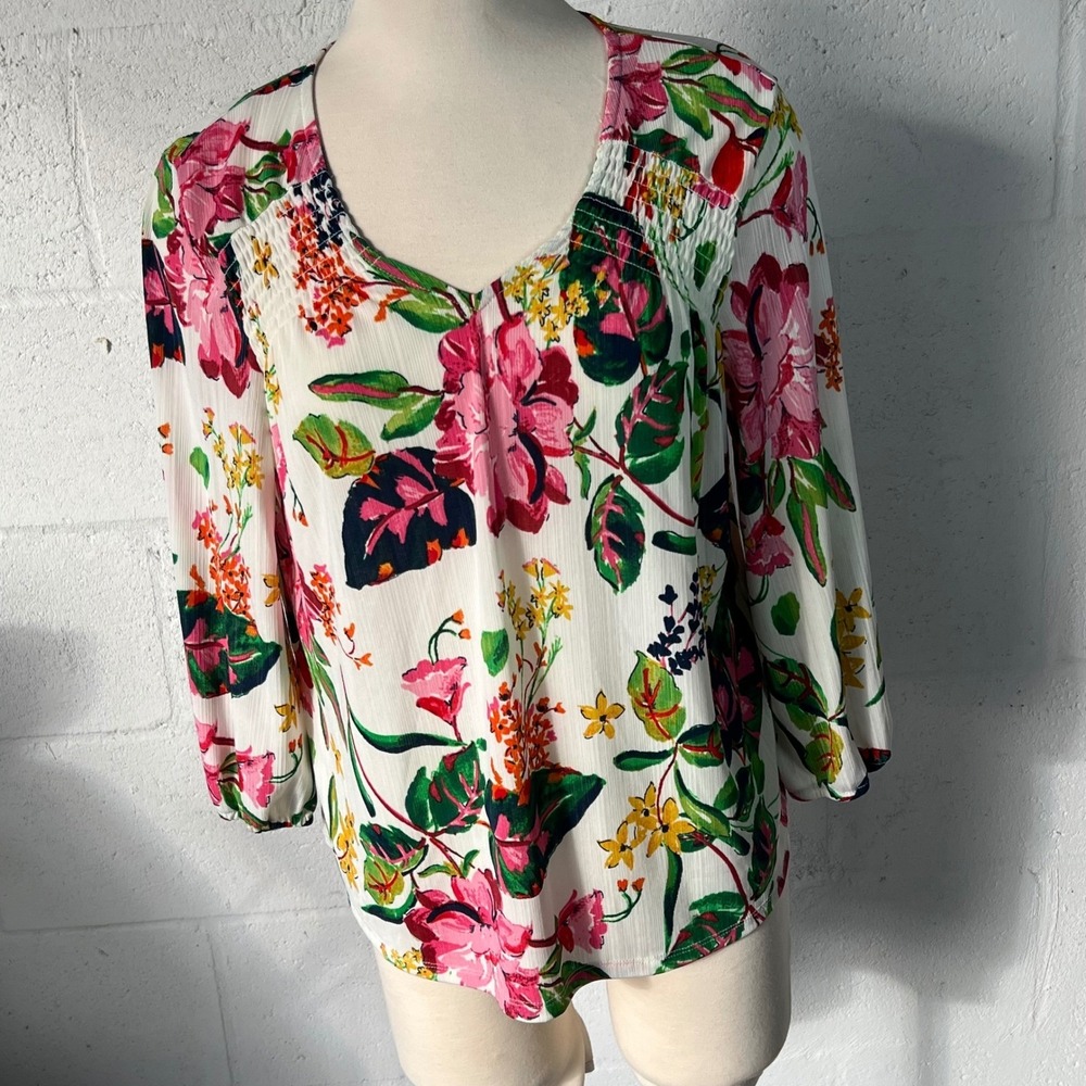 CURE‎ Women Blouse Tropical Floral Smocked V-Neck White Pink Size M